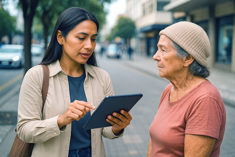 Mulher pesquisadora entrevistando uma senhora em uma calçada no centro da cidade, usando um tablet durante uma pesquisa no plano de governo.