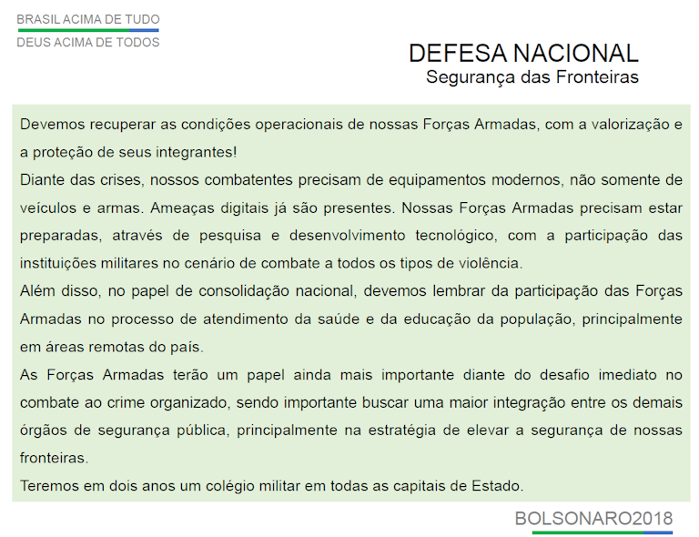 Trecho do plano de governo de Jair Bolsonaro em 2018, na parte de Defesa Nacional, destacando o papel ampliado das Forças Armadas na segurança das fronteiras, na saúde, na educação e no combate ao crime organizado.