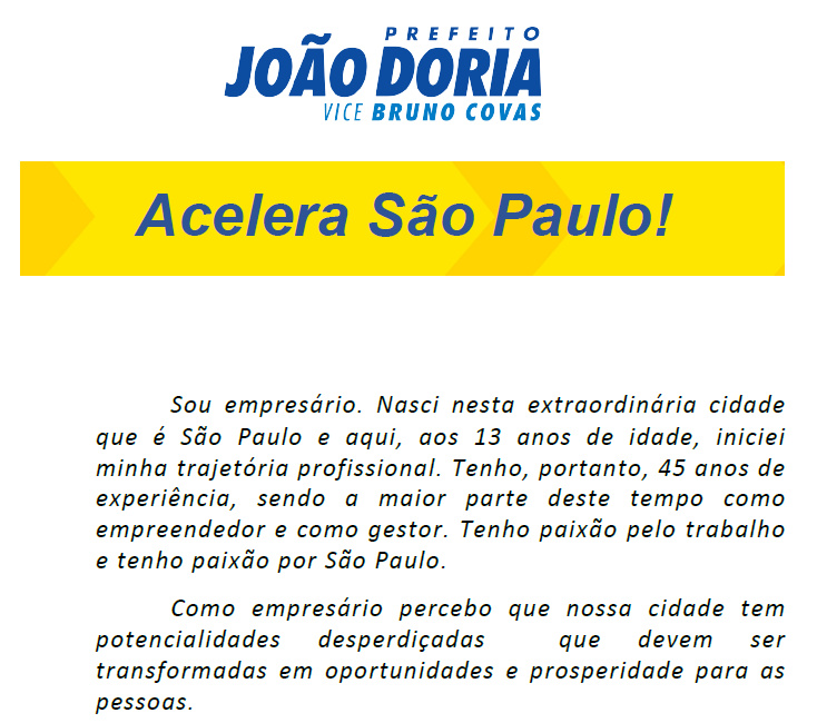 Trecho de material da campanha “Acelera São Paulo”, de João Doria, mostrando como um plano de governo para candidatos sem mandato no Executivo usa a biografia de empresário e gestor para gerar confiança no eleitor.