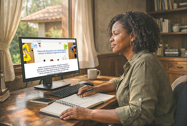 Mulher negra sentada à mesa em um escritório faz anotações em um caderno, diante de um computador que exibe em retrospectiva a página inicial do site Plano de Governo.