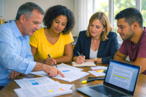 Equipe brasileira de quatro pessoas reunida em torno de uma mesa, discutindo e revisando um texto em edição em um notebook, ilustrando como escrever um plano de governo claro e compreensível.