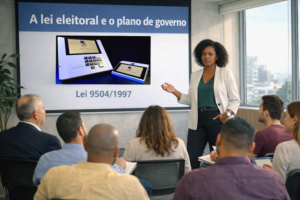 Mulher negra, advogada, faz palestra em sala de coworking sobre o que a lei eleitoral diz sobre o plano de governo, diante de telão com urna eletrônica brasileira e referência à Lei 9.504/1997.