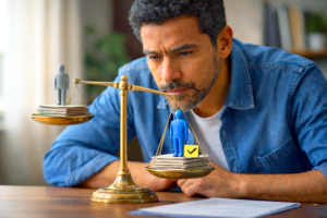 Homem brasileiro, em torno de 35 anos de idade, analisa uma balança de precisão que representa a escolha entre dois candidatos; um dos lados pende mais, indicando maior peso político, em conexão com o tema Como o eleitor decide o voto.