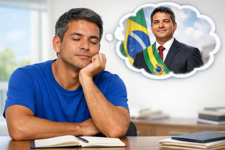 Candidato brasileiro sentado à mesa, apoiando o queixo com a mão, sonhando acordado; ao lado, um balão de pensamento o mostra como presidente da República, ilustrando como equilibrar sonho e realidade no plano de governo.