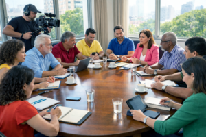 Reunião de equipe elaborando um plano de governo em sala clara, com 12 pessoas ao redor de mesa oval, laptops e cadernos; um cinegrafista grava o encontro para a campanha. Plano de governo ajuda a construir a narrativa da campanha ao mostrar o processo de trabalho e escuta.