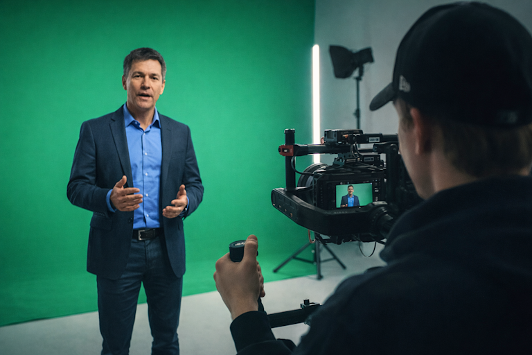 Estúdio profissional grava propaganda eleitoral com alta qualidade técnica, mostrando que imagem e áudio bem produzidos são essenciais para prender a atenção do público.