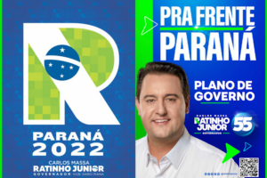 Capas dos planos de governo de Ratinho Júnior para 2018 e 2022 no Paraná, com destaque para “Paraná 2022” e “Pra Frente Paraná – Plano de Governo”, ao lado da imagem do candidato.