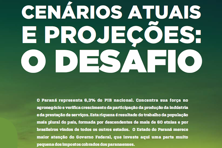 Trecho do plano de governo de Ratinho Júnior de 2018 com o título “Cenários atuais e projeções: o desafio”, apresentando o diagnóstico econômico e social do Paraná.