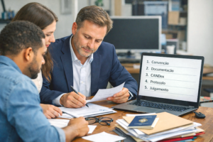 Candidato e equipe organizam documentos em escritório, com notebook exibindo etapas do registro de candidaturas: convenção, documentação, CANDex, protocolo e julgamento.