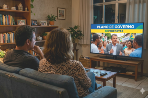 Casal heterossexual brasileiro de classe média sentado no sofá da sala assistindo televisão à noite, enquanto na tela aparece uma propaganda eleitoral com o título plano de governo e a palavra propostas, ilustrando o artigo sobre como fazer para que o plano de governo chegue a mais pessoas.