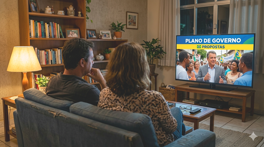 Casal heterossexual brasileiro de classe média sentado no sofá da sala assistindo televisão à noite, enquanto na tela aparece uma propaganda eleitoral com o título plano de governo e a palavra propostas, ilustrando o artigo sobre como fazer para que o plano de governo chegue a mais pessoas.