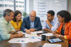 Plano de governo para candidatos de centro nas Eleições 2026 discutido em reunião estratégica de campanha com equipe analisando propostas e prioridades.