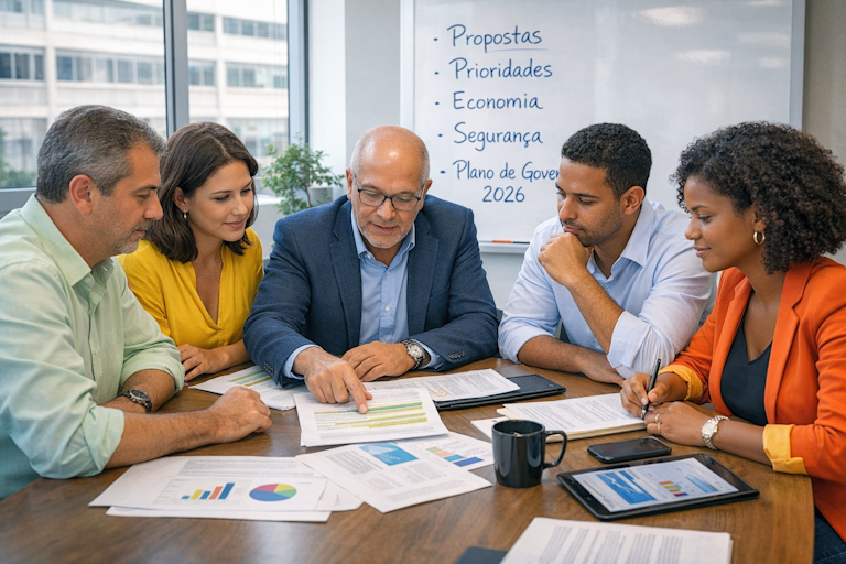 Plano de governo para candidatos de centro nas Eleições 2026 discutido em reunião estratégica de campanha com equipe analisando propostas e prioridades.