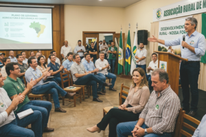 Plano de governo para candidatos de direita: candidato discursa em auditório de associação rural para plateia sentada, com público aplaudindo, bandeiras ao fundo e apresentação sobre agricultura e segurança no campo exibida em telão.