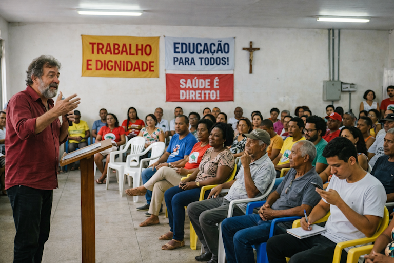 Homem grisalho, de barba e camisa vinho, apresenta um plano de governo para candidatos de esquerda nas Eleições 2026 em um salão comunitário simples, falando ao microfone atrás de um púlpito de madeira, à esquerda da imagem. À sua frente, há uma plateia numerosa e diversa, com homens e mulheres de diferentes idades e tons de pele sentados em cadeiras plásticas coloridas, atentos à fala, alguns com caderno ou celular na mão. O ambiente tem paredes brancas, piso claro, luz fluorescente no teto e uma cruz fixada na parede ao fundo. Atrás do orador, três faixas com as mensagens “Trabalho e dignidade”, “Educação para todos” e “Saúde é direito” reforçam a ideia de participação popular, serviços públicos e direitos sociais.
