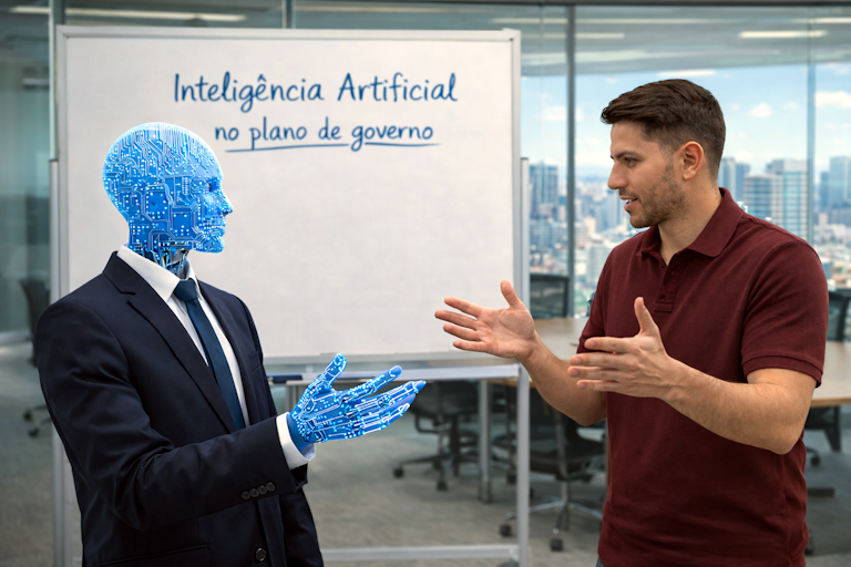 Homem adulto, com aparência brasileira, usando camisa polo bordô, conversa e gesticula com um robô de terno cuja cabeça e mãos têm aparência digital azul, como circuitos eletrônicos. Eles estão em uma sala de reuniões bem iluminada. Ao fundo, há um quadro branco com a frase “Inteligência Artificial no plano de governo” escrita à mão. Atrás do quadro, um grande janelão de vidro revela a vista de uma cidade com prédios sob céu azul.