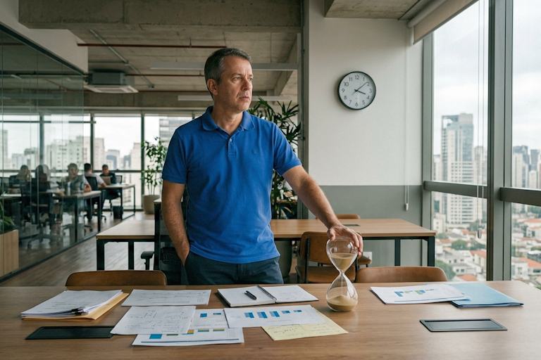 Homem de meia-idade, em um escritório moderno com vista urbana, observa pensativo enquanto uma ampulheta quase vazia e um relógio na parede simbolizam o desafio de como fazer um plano de governo na última hora