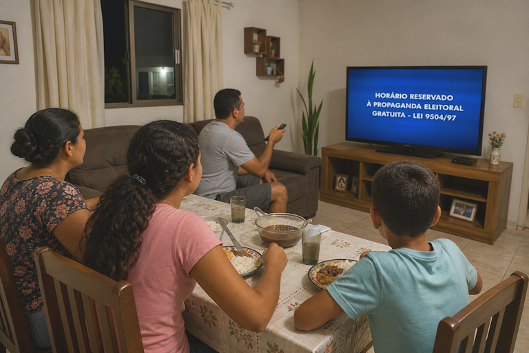 Família brasileira de classe média baixa assiste à propaganda eleitoral gratuita na TV durante o jantar, em uma sala de estar integrada à mesa de jantar. O pai está sentado no sofá com o controle remoto na mão, enquanto a mãe, uma filha adolescente e um menino estão sentados à mesa, atentos à tela azul com o aviso “Horário reservado à propaganda eleitoral gratuita”. Ilustração de como o plano de governo tem a ver com a propaganda eleitoral na TV.