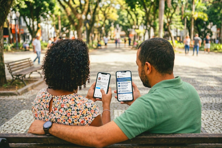 Fotografia de um homem e uma mulher sentados em um banco de praça observando conteúdos políticos em celulares. Um dos aparelhos exibe um post de Instagram com propostas de plano de governo. A cena representa como campanhas podem transformar propostas em conteúdo para Instagram e aproximar o eleitor de temas políticos no ambiente digital.