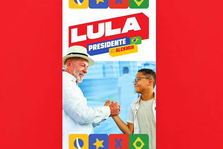 Capa do plano de governo Lula 2026, com Lula de chapéu branco cumprimentando um menino, sobre fundo azul, abaixo da identificação “Lula Presidente, vice Alckmin”; a imagem aparece centralizada sobre fundo vermelho.