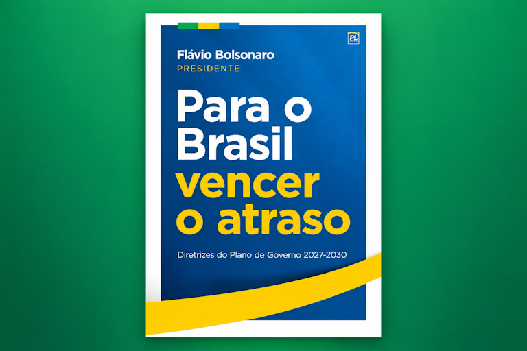 Capa do plano de governo Flávio Bolsonaro 2026, com fundo azul, textos em branco e amarelo e o título “Para o Brasil vencer o atraso”, centralizada sobre fundo verde.