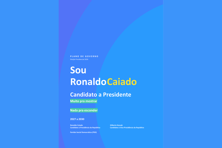 Capa do plano de governo Ronaldo Caiado 2026, em tons de azul, com o nome Ronaldo Caiado em destaque, a frase “Candidato a Presidente” e os dizeres “Muito pra mostrar” e “Nada pra esconder”.