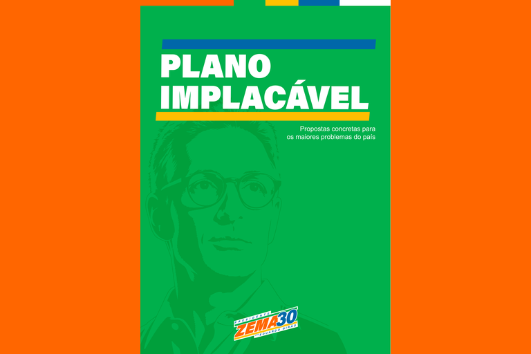 Capa verde do plano de governo Zema 2026, com a frase “Propostas concretas para os maiores problemas do país”, centralizada sobre fundo laranja.